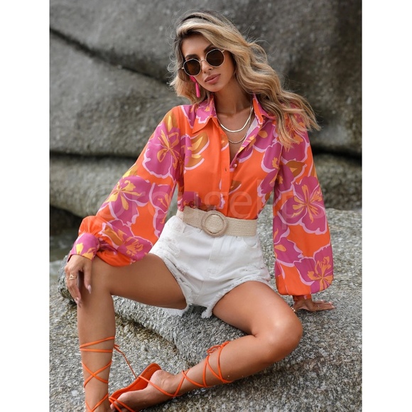 Floral Print Button Down Orange Pink Shirt Lantern Sleeve - Picture 6 of 15